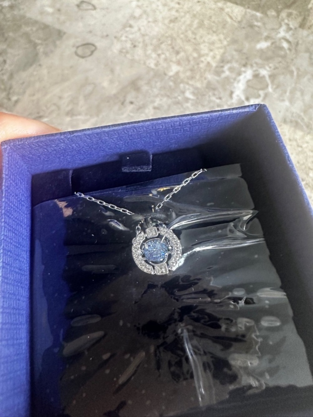 Swarovski Silver Necklace with Blue Crystal Halo Pendant